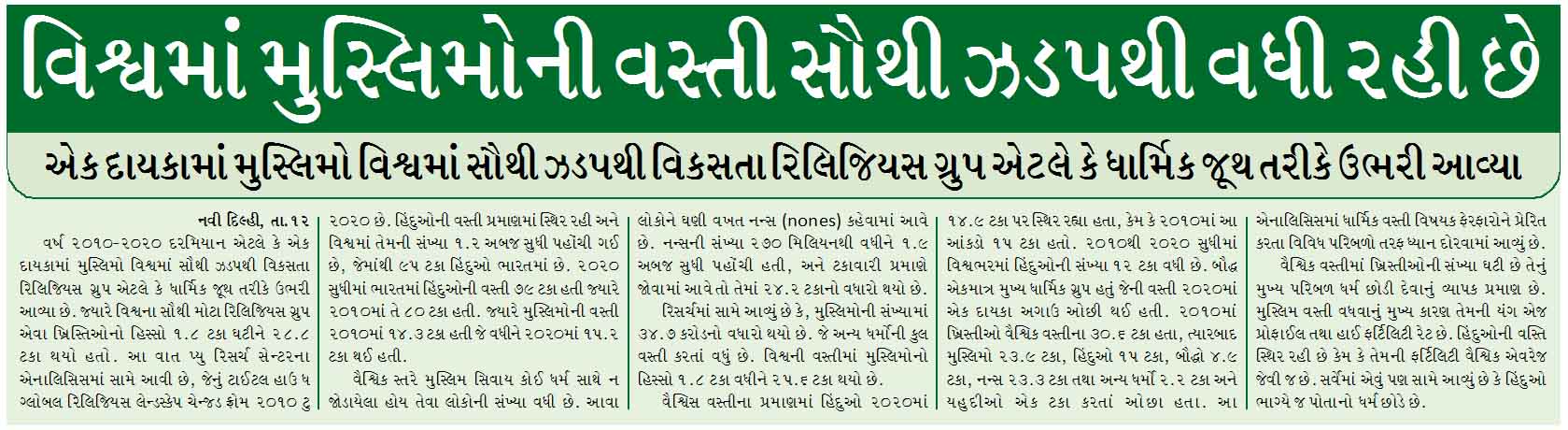 વિશ્વમાં મુસ્લિમોની વસ્તી સૌથી ઝડપથી વધી રહી છે